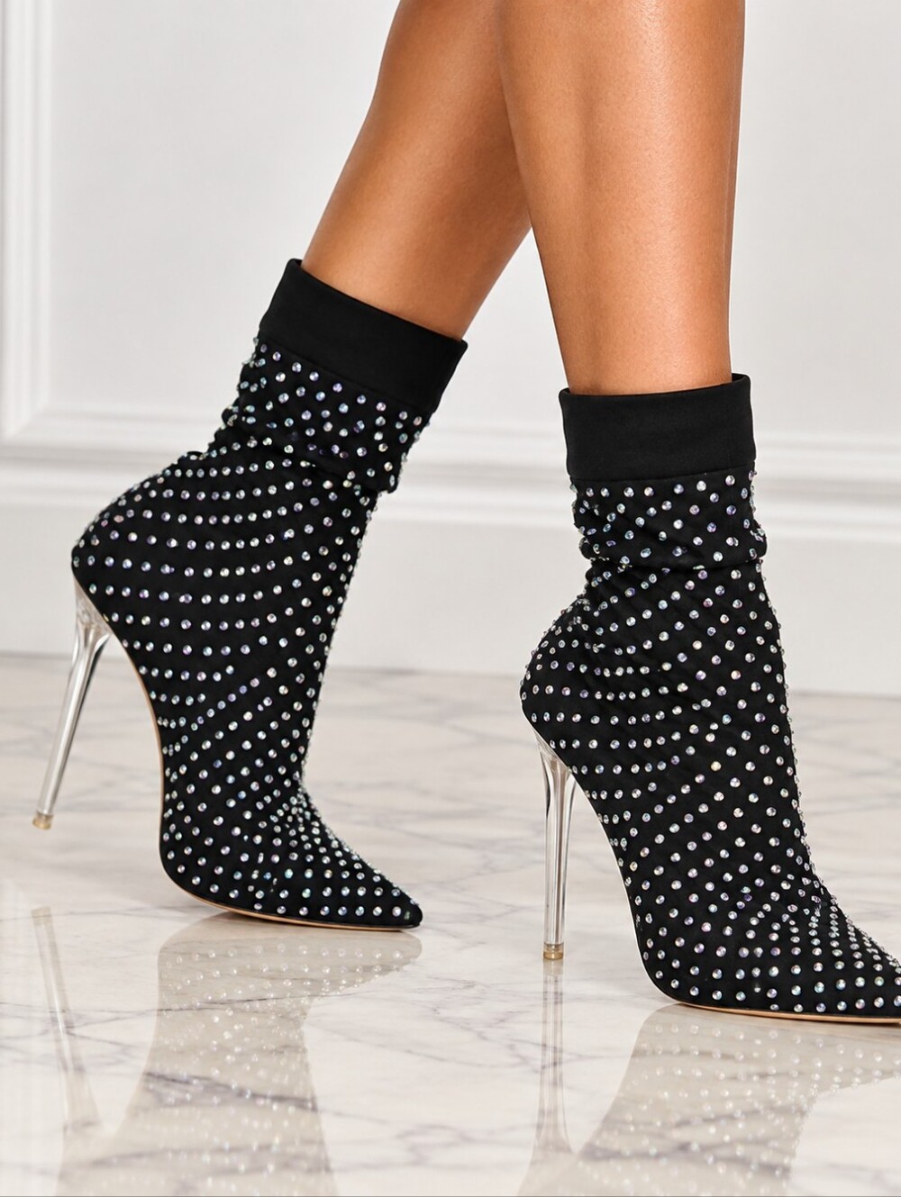 Women’s Size 11 Black Rhinestone Sock Booties Clear Stiletto Heel Pointed Toe